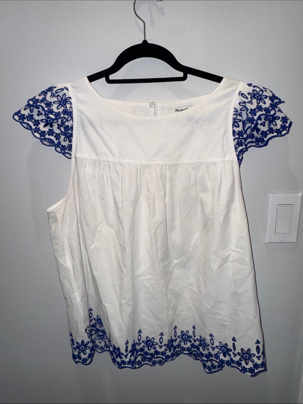 Madewell White Tunic Top with Blue Floral Embroidery